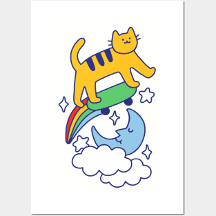 Cat Flying On A Skateboard Posters and Art